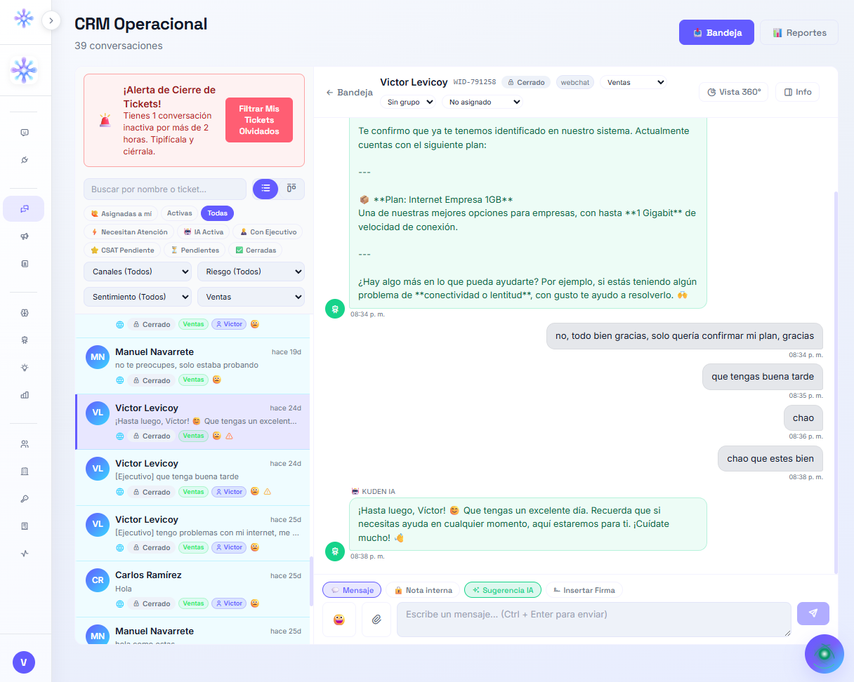 Conversación atendida por un agente de Kuden IA