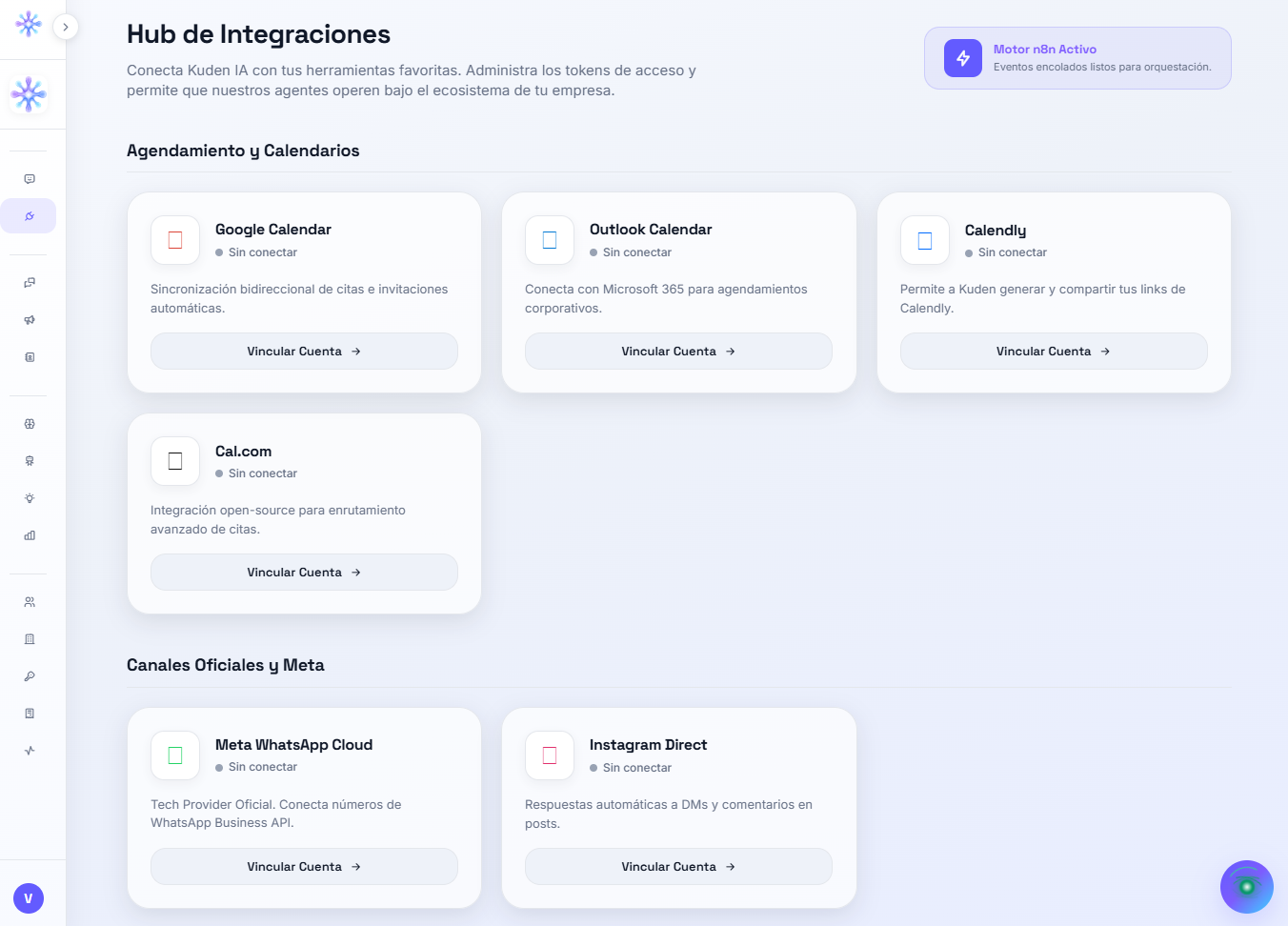 Hub de integraciones disponibles para Kuden IA