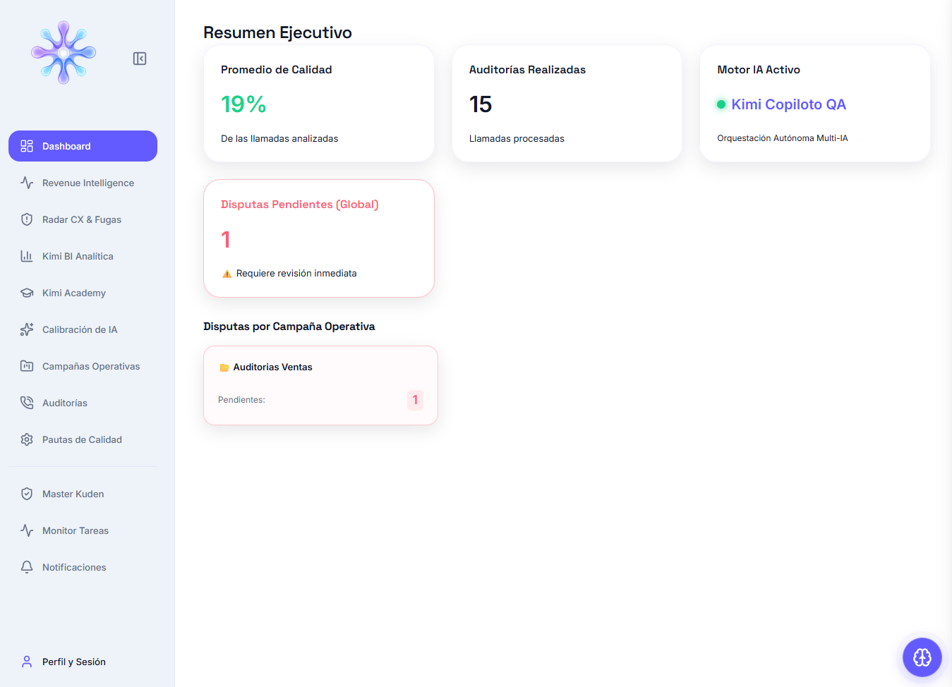 Dashboard de calidad, cobertura y desempeño de Kuden QA