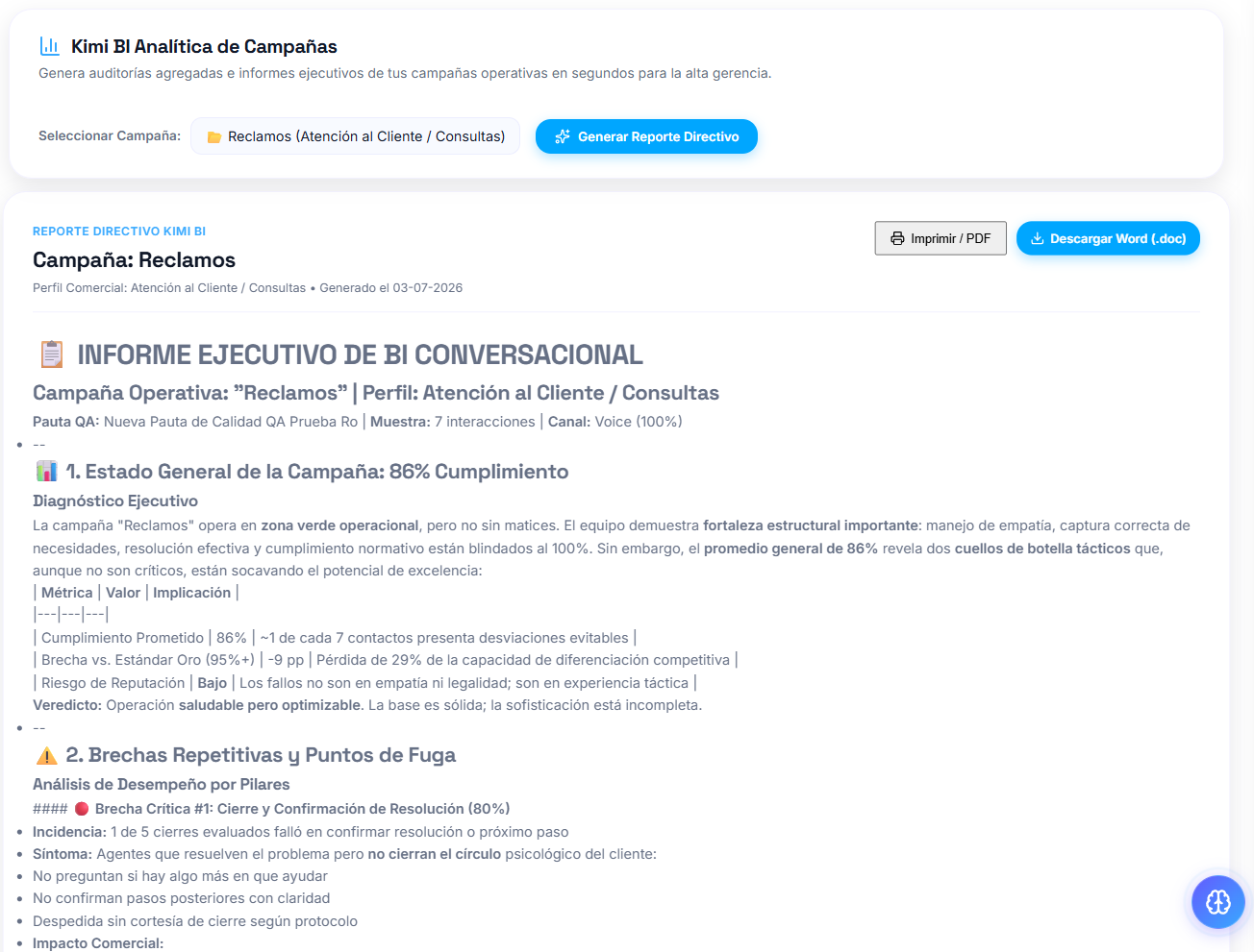 Copiloto Kimi consultando datos analíticos de Kuden QA