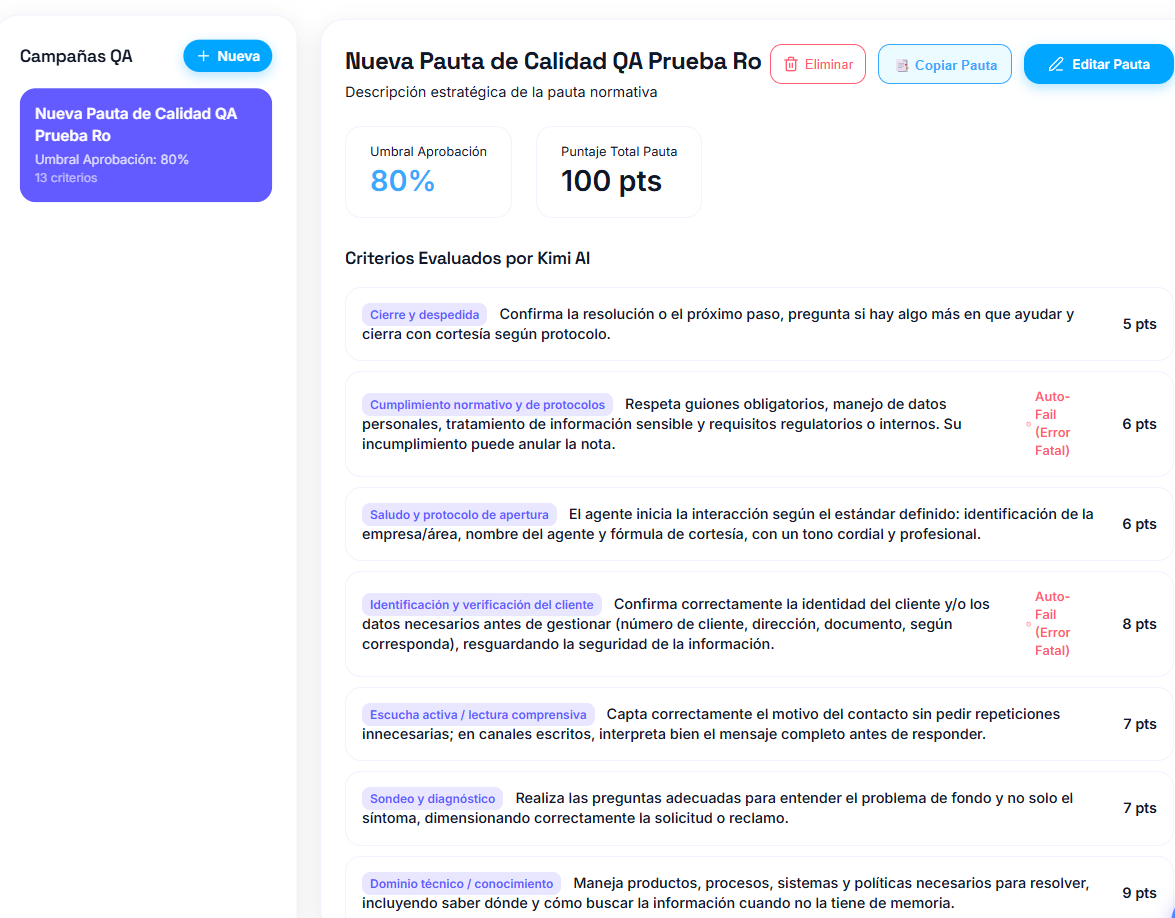 Configuración de pautas de calidad en Kuden QA