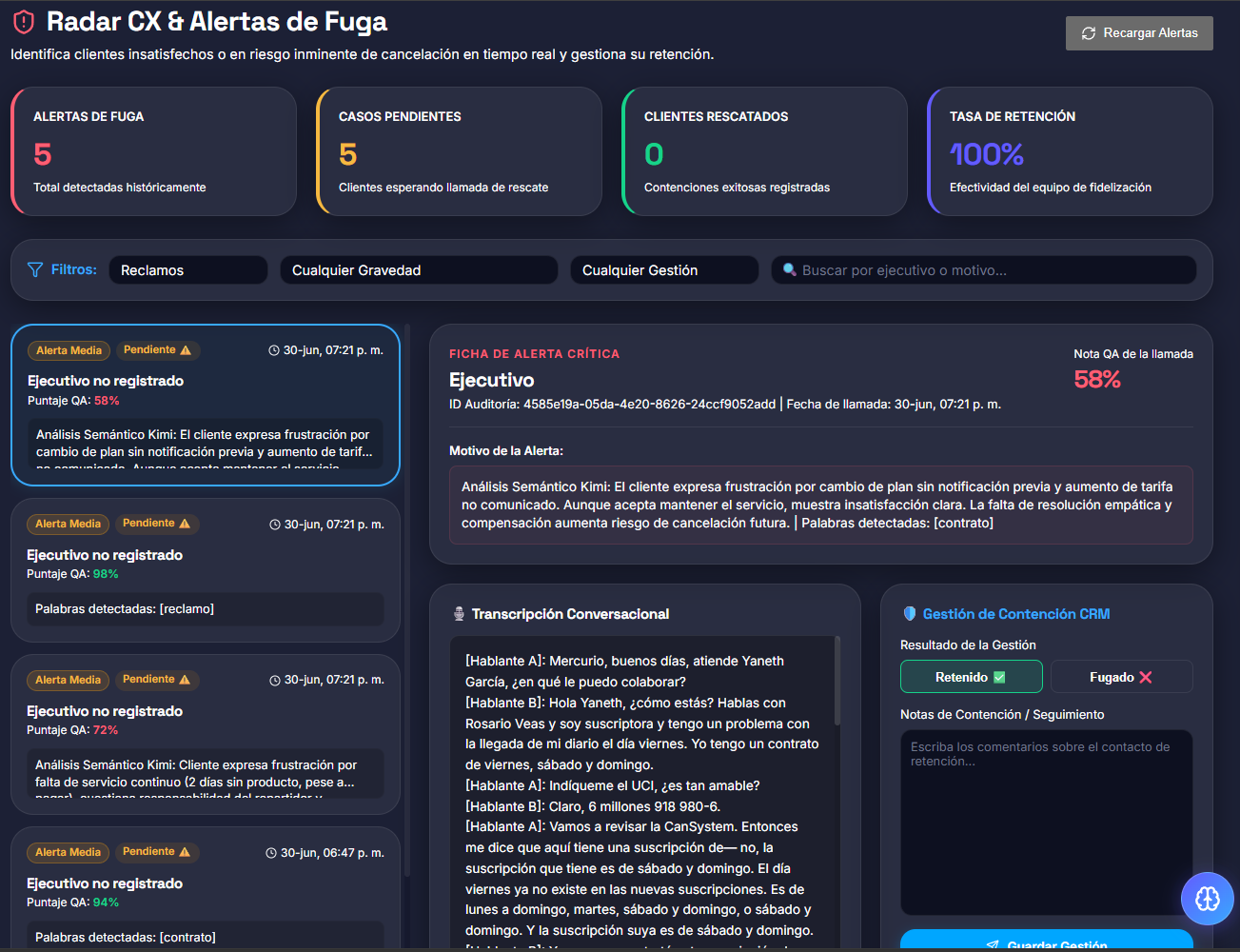 Radar CX con alertas críticas y transcripción asociada