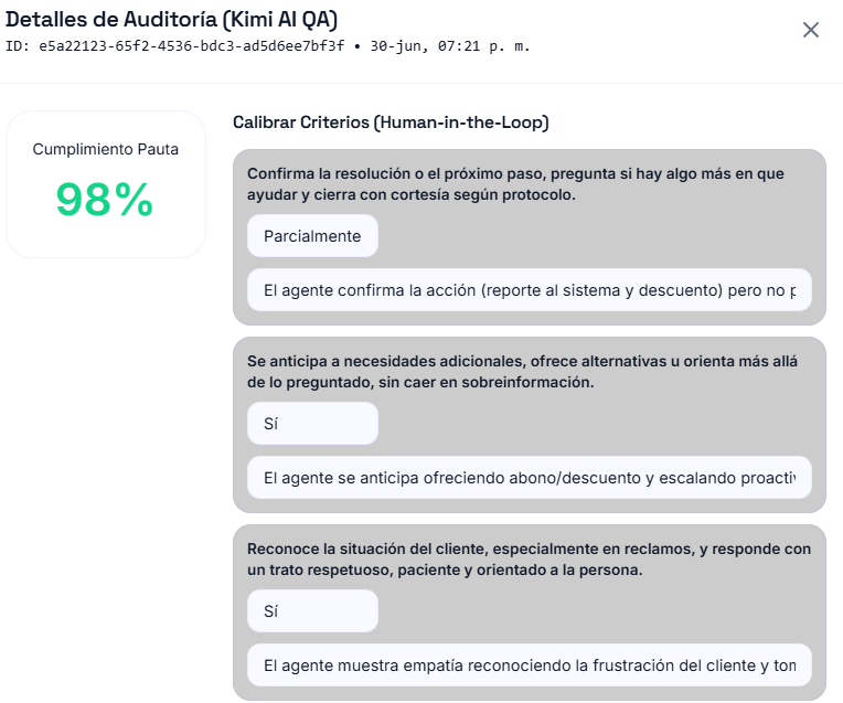 Revisión de resultados que activa una ruta correctiva en Kimi Academy